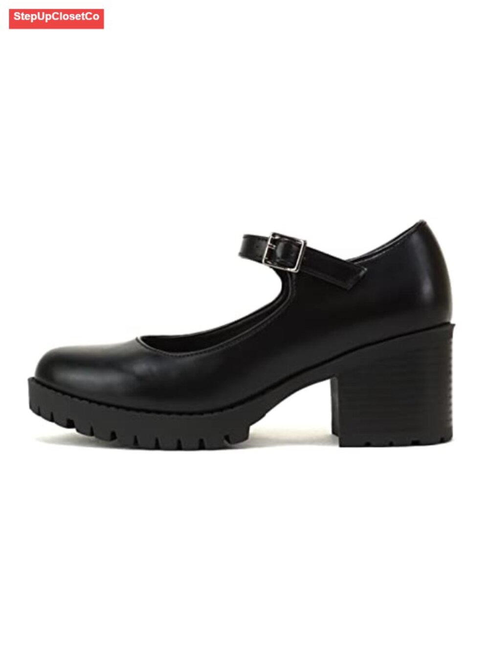 Mary Jane Round Toe Chunky Block Heel Lug Sole Pump with Adjustable Strap